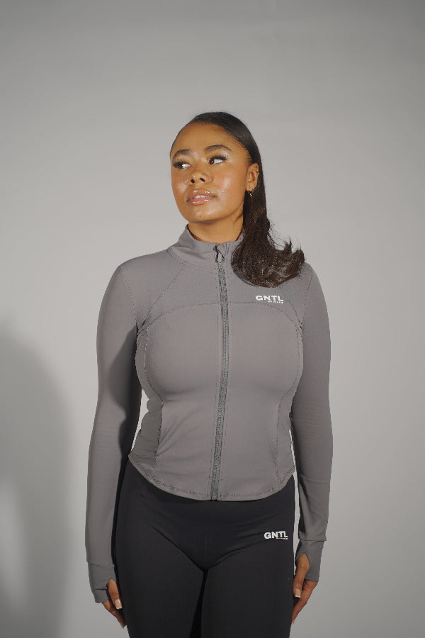 Front view of a grey contour jacket displayed on a mannequin
