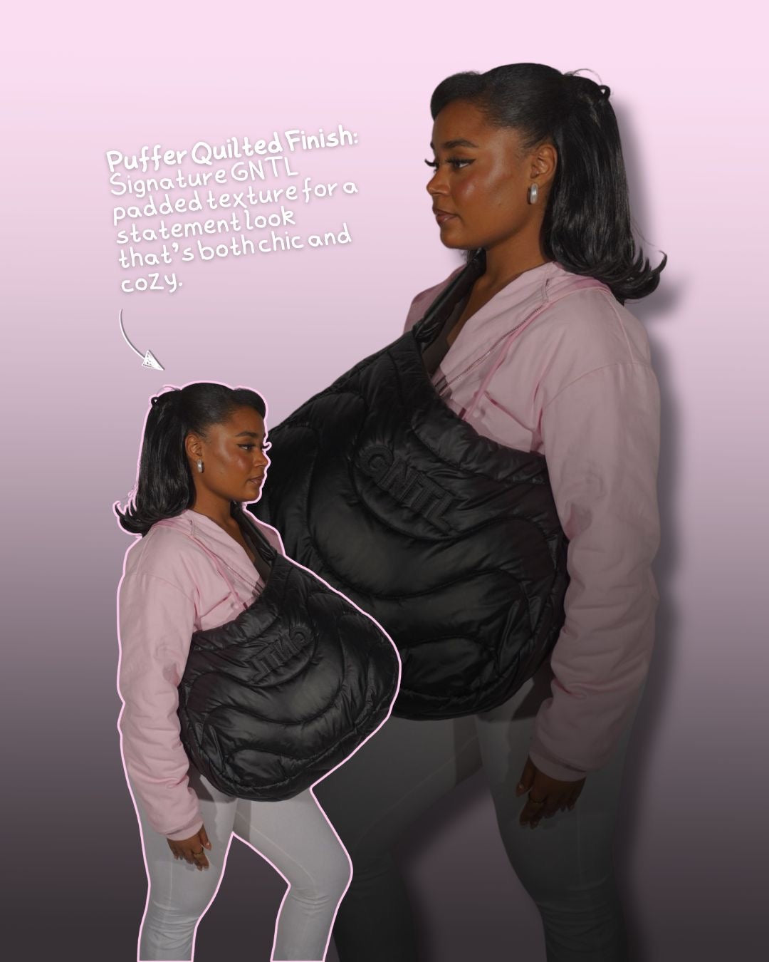 GNTL Oversized Puffer Bag in black – puffer quilted finish with signature GNTL padded texture, worn on-model