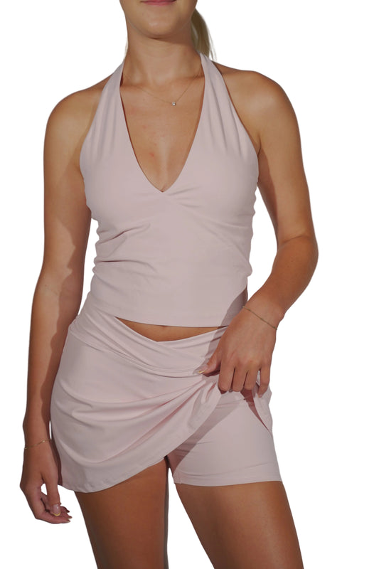GNTL Padel Set in Pink – halter top and wrap skirt set, front view