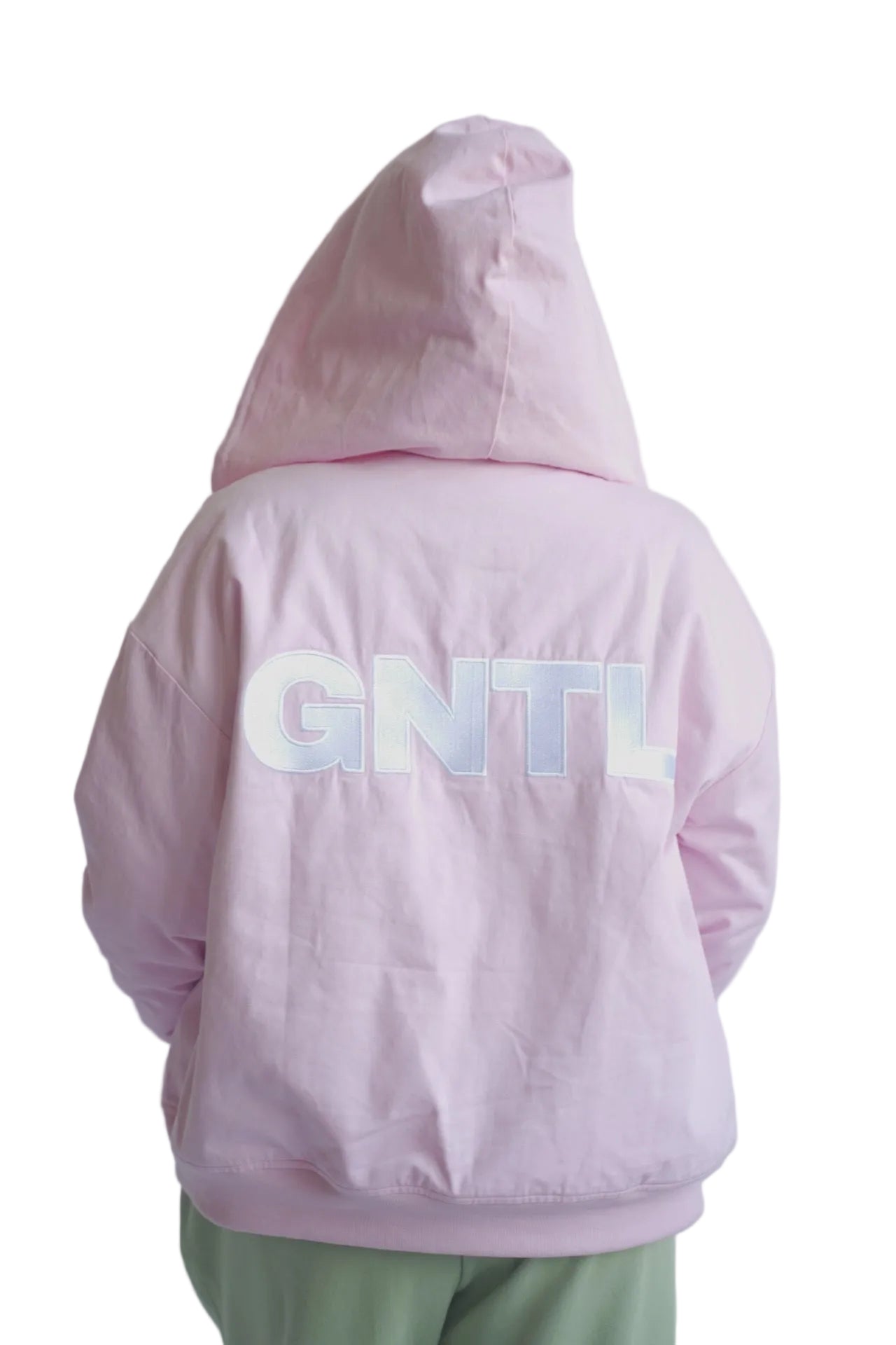 GNTL Sisterhood Jacket in pink – satin hooded jacket back view with GNTL logo